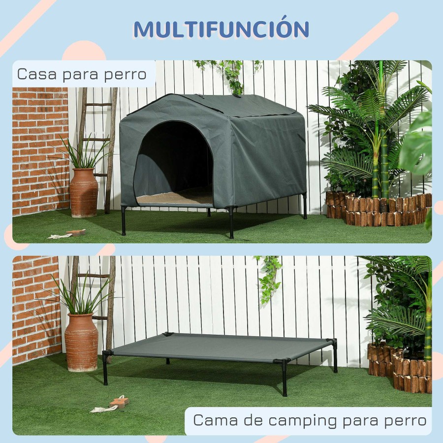 Perros PawHut Casetas Para Perros | Pawhut Caseta Con Cama Y Parasol Gris Para Perros