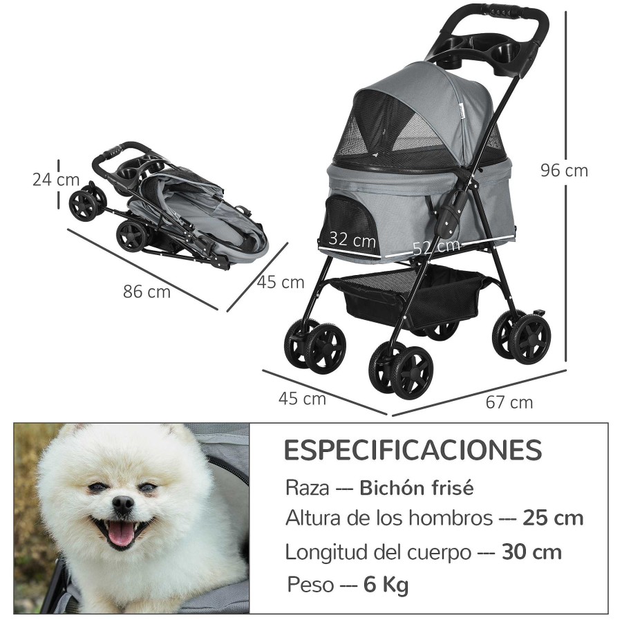 Perros PawHut Transportines Para Perros | Cochecito Para Mascotas Plegable Color Gris