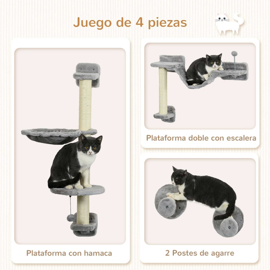 Gatos PawHut Rascadores | Pawhut Juego De 4 Estantes Con Hamaca Y Pelota Para Gatos