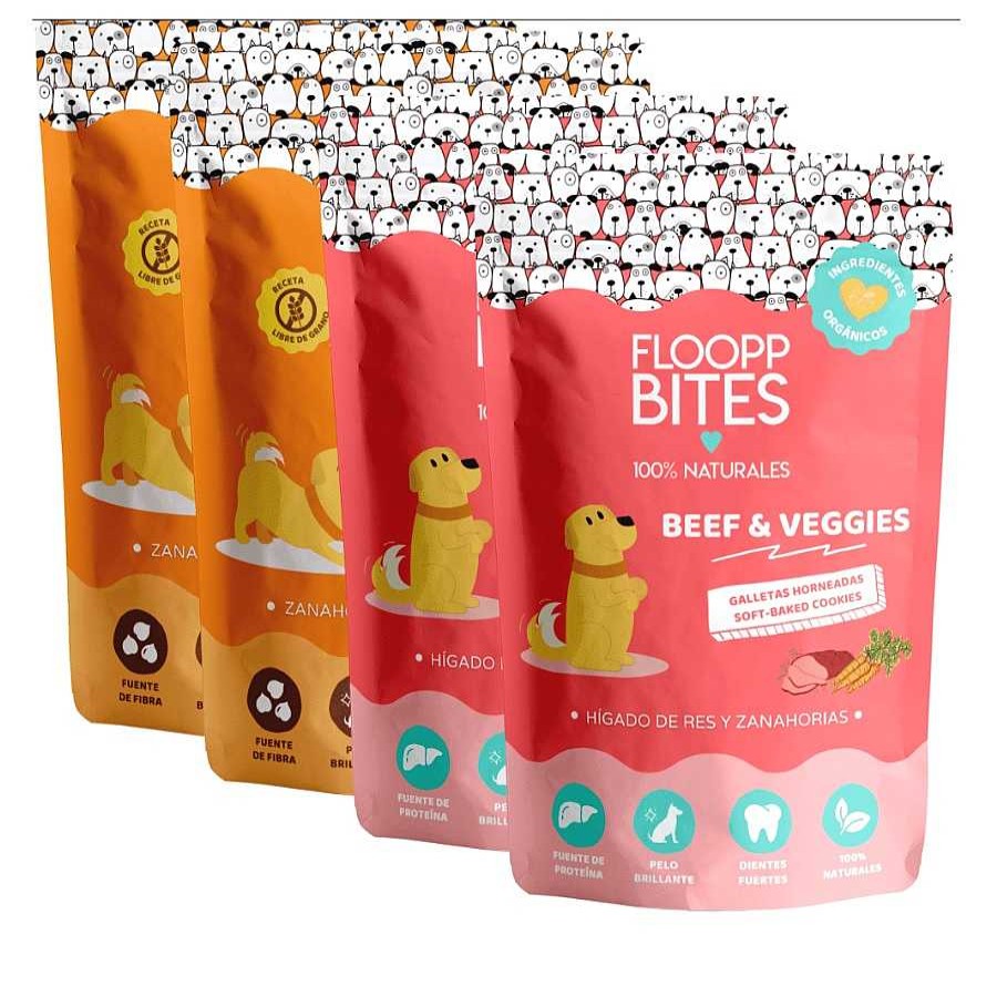 Perros Flooppbites Sin Cereales | Pack Galletas 100% Naturales Beef & Veggies - Carrot Cake