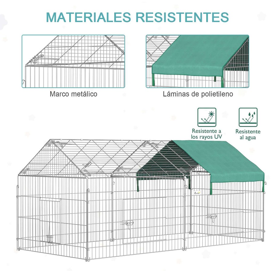 Otros Animales PawHut Gallinas Y Aves De Corral | Pawhut Conejera Plata Y Verde Para Exterior Jaula Plata Y Verde Para Conejo