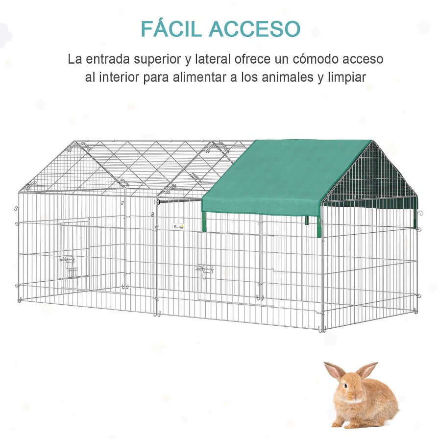 Otros Animales PawHut Gallinas Y Aves De Corral | Pawhut Conejera Plata Y Verde Para Exterior Jaula Plata Y Verde Para Conejo