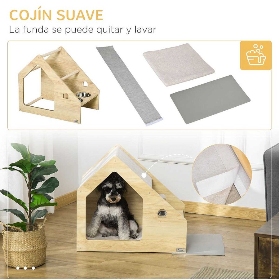 Perros PawHut Casetas Para Perros | Pawhut Caseta De Madera De Interior Con Comederos Para Perros