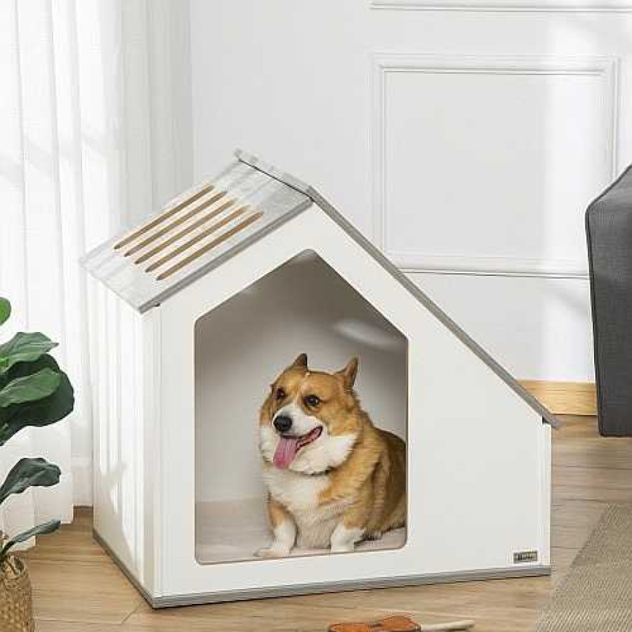 Perros PawHut Casetas Para Perros | Pawhut Caseta Interior De Madera Blanco Para Perros