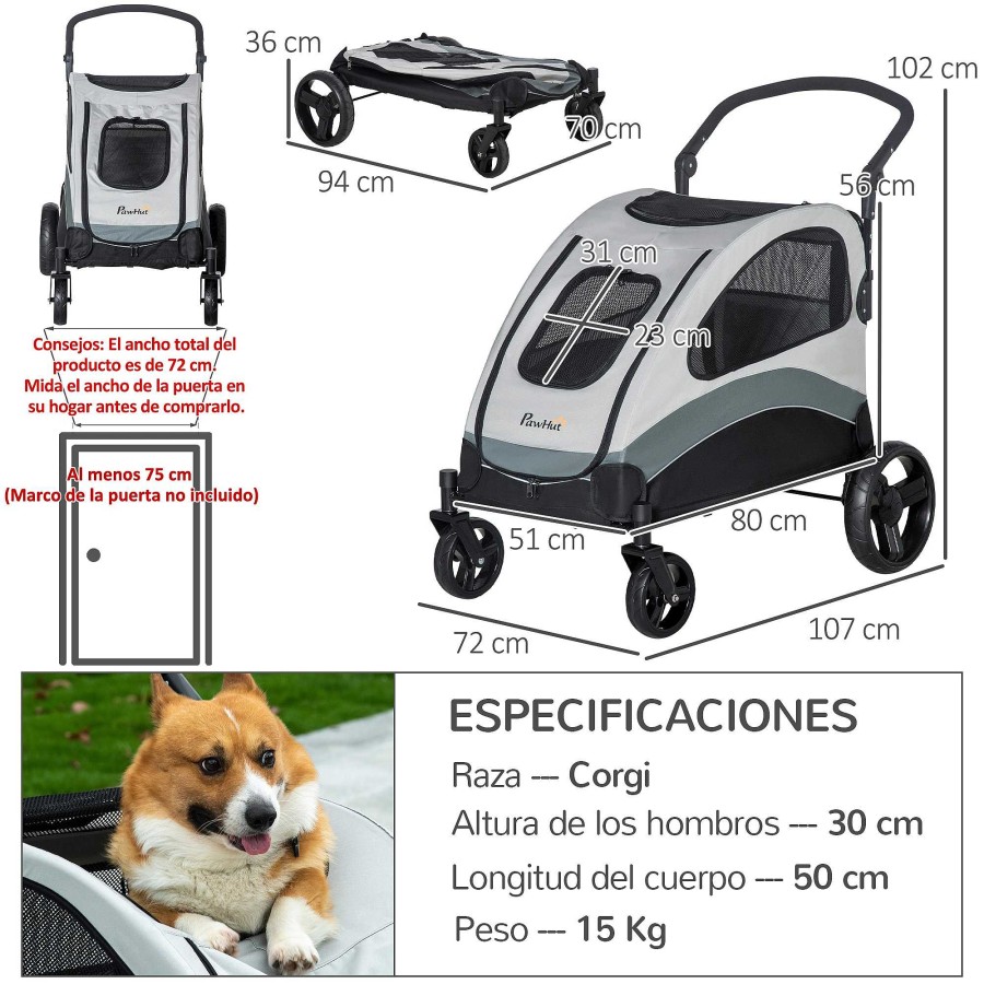 Perros PawHut Transportines Para Perros | Pawhut Carrito De Paseo Para Mascotas Gis Y Negro Para Mascotas