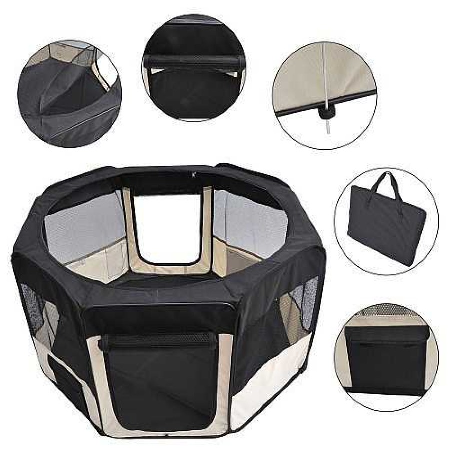 Perros PawHut Transportines Para Perros | Pawhut Parque Plegable Negro Y Beige Para Perros