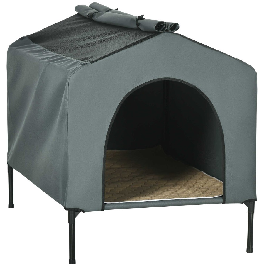 Perros PawHut Casetas Para Perros | Pawhut Caseta Con Cama Y Parasol Gris Para Perros