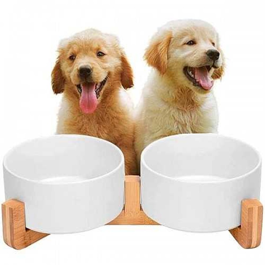 Perros Edipets Comederos Y Bebederos | Edipets Comedero Doble De Porcelana Y Bamb Blanco Para Mascotas