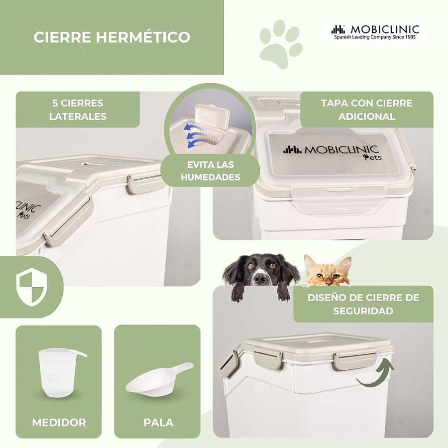 Perros Mobiclinic Comederos Y Bebederos | Mobiclinic Contenedor De Pienso Blanco Cierre Herm Tico Con Ruedas Incluye Pala Y Medidor Feedpe