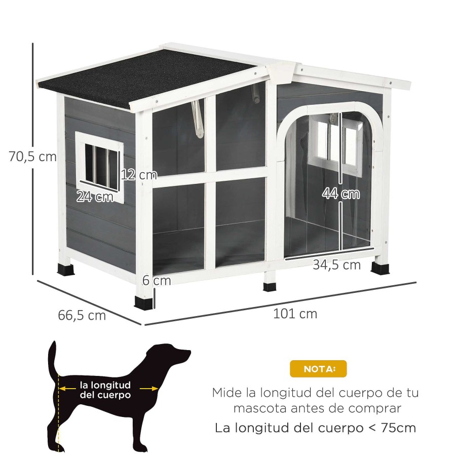 Perros PawHut Casetas Para Perros | Pawhut Caseta Gris De Madera Con Techo Abatible Para Mascotas