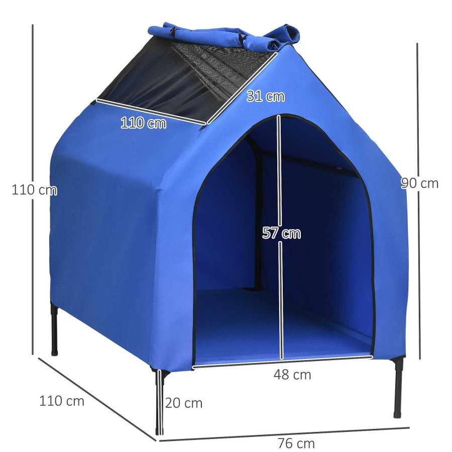 Perros PawHut Casetas Para Perros | Pawhut Caseta Con Cama Elevada Y Parasol Azul Para Perros